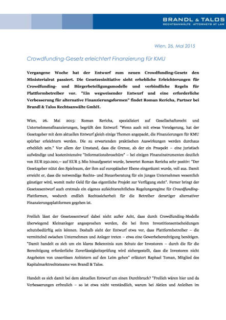 Crowdfunding-Gesetz erleichtert Finanzierung für KMU, Seite 1/2, komplettes Dokument unter http://boerse-social.com/static/uploads/file_19_brandl_talos_crowdfunding.pdf (26.05.2015) 