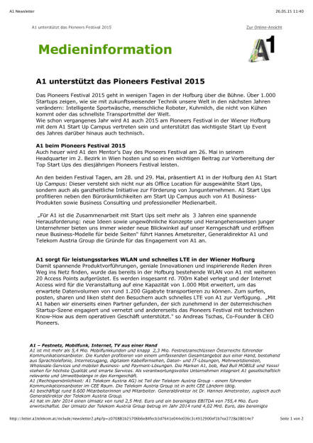 A1-Info zum Pioneers Festival, Seite 1/2, komplettes Dokument unter http://boerse-social.com/static/uploads/file_23_a1_pioneers_festival.pdf (26.05.2015) 