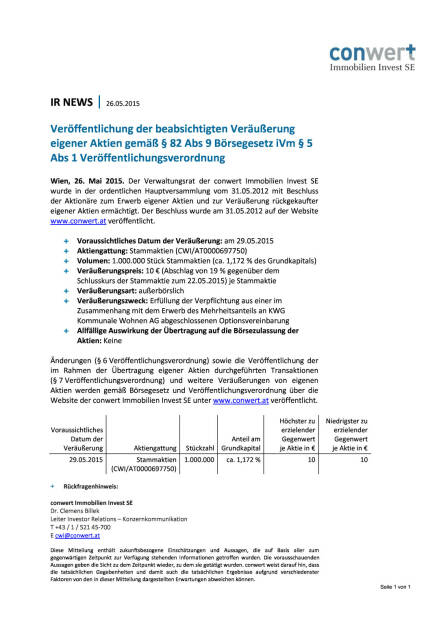 conwert: Veröffentlichung der beabsichtigten Veräußerung eigener Aktien, Seite 1/1, komplettes Dokument unter http://boerse-social.com/static/uploads/file_25_conwert_verausserung.pdf (26.05.2015) 