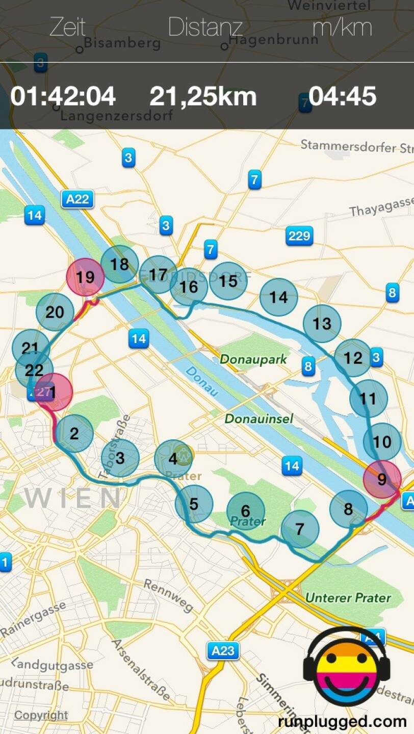 Halbmarathon-Runde ausgehend von der Friedensbrücke, gelaufen mit http://bit.ly/1lbuMA9