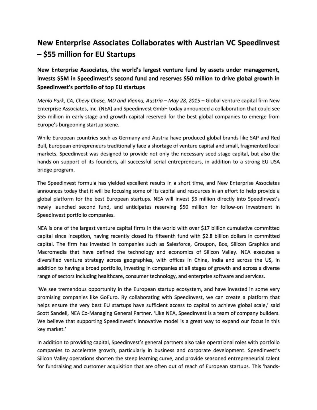 New Enterprise Associates und: Speedinvest: 55 Mio. Dollar f&uuml;r EU Startups, Seite 1/2, komplettes Dokument unter http://boerse-social.com/static/uploads/file_38_speedinvest_new_enterprise.pdf