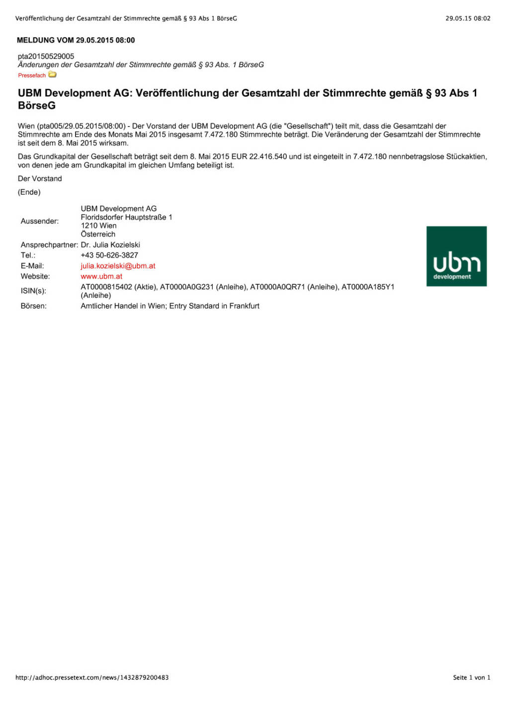 UBM: Veröffentlichung der Gesamtzahl der Stimmrechte gemäß § 93 Abs 1 BörseG, Seite 1/1, komplettes Dokument unter http://boerse-social.com/static/uploads/file_44_ubm_stimmrechte.pdf