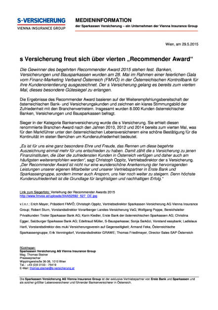 s Versicherung mit Recommender Award, Seite 1/1, komplettes Dokument unter http://boerse-social.com/static/uploads/file_47_s_versicherung.pdf (29.05.2015) 
