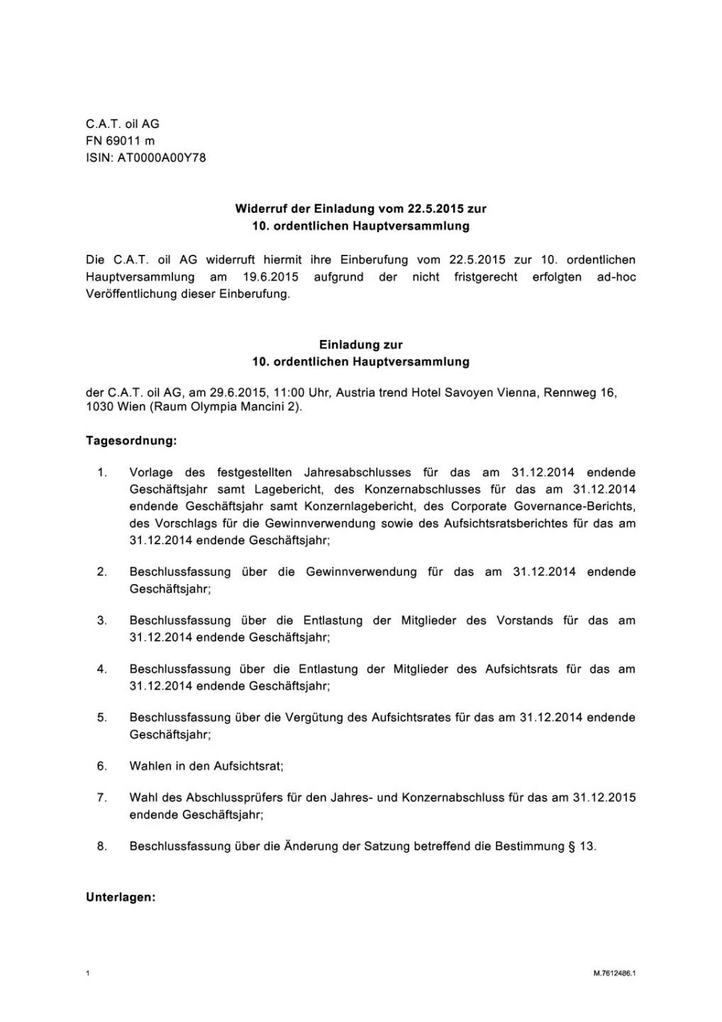 CAT oil Widerruf, Seite 1/6, komplettes Dokument unter http://boerse-social.com/static/uploads/file_57_cat-ohv-einberufung.pdf