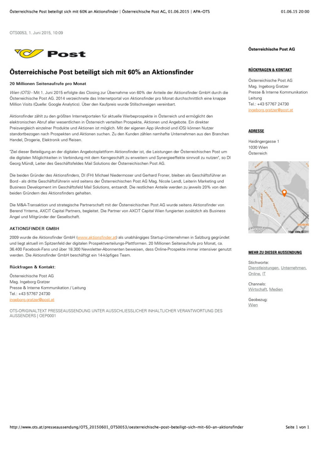 Österreichische Post beteiligt sich mit 60% an Aktionsfinder, Seite 1/1, komplettes Dokument unter http://boerse-social.com/static/uploads/file_58_post_aktionsfinder.pdf