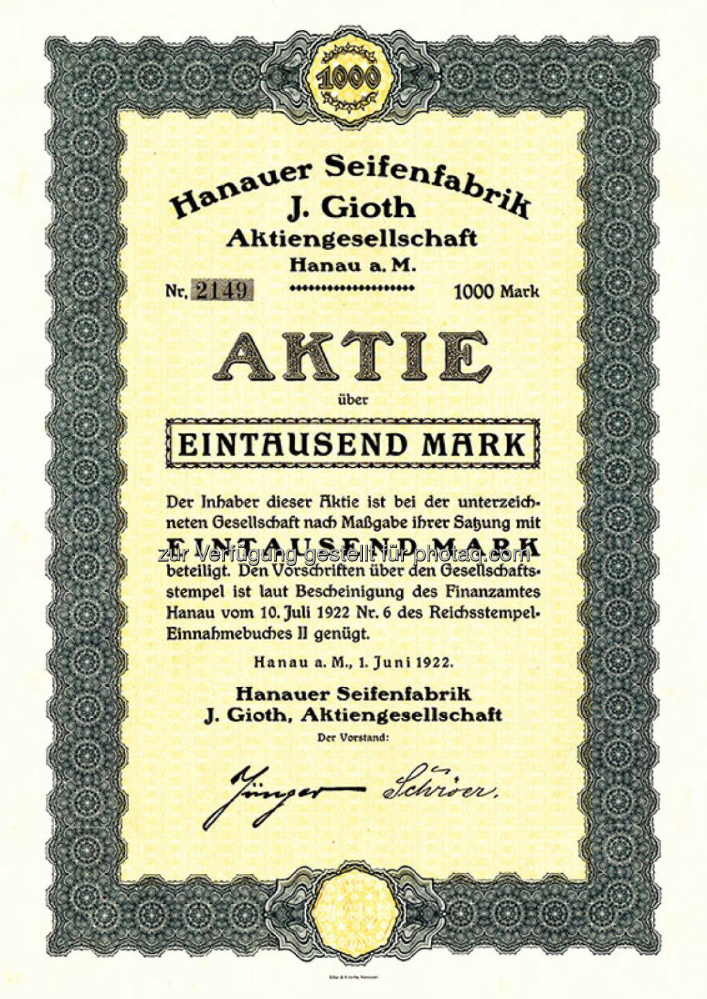 Aktie Hanauer Seifenfabrik