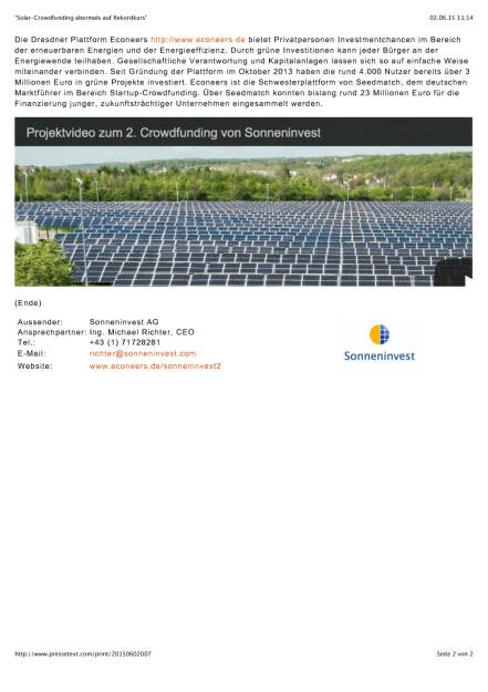 Sonneninvest: Solar-Crowdfunding abermals auf Rekordkurs, Seite 2/2, komplettes Dokument unter http://boerse-social.com/static/uploads/file_65_sonneninvest.pdf (02.06.2015) 