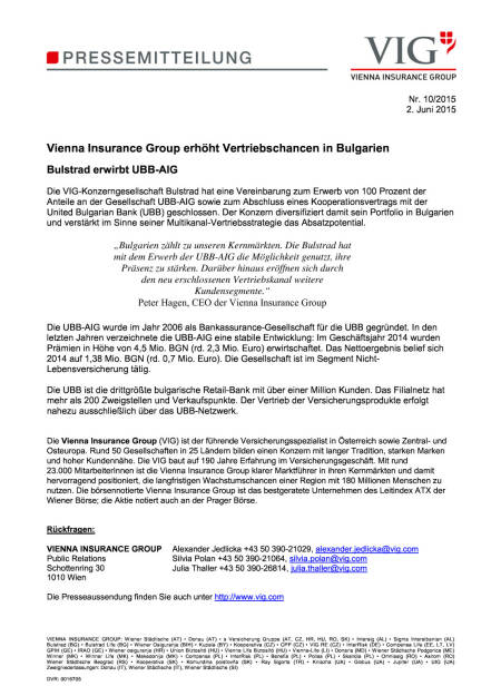 VIG erhöht Vertriebspower in Bulgarien - Bulstrad erwirbt UBB-AIG, Seite 1/1, komplettes Dokument unter http://boerse-social.com/static/uploads/file_71_vig_bulgarien.pdf (02.06.2015) 