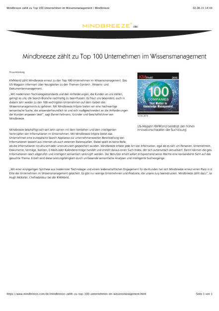 Fabsoft Mindbreeze zählt zu Top 100 Unternehmen im Wissensmanagement, Seite 1/1, komplettes Dokument unter http://boerse-social.com/static/uploads/file_72_fabsoft_mindbreeze.pdf (02.06.2015) 