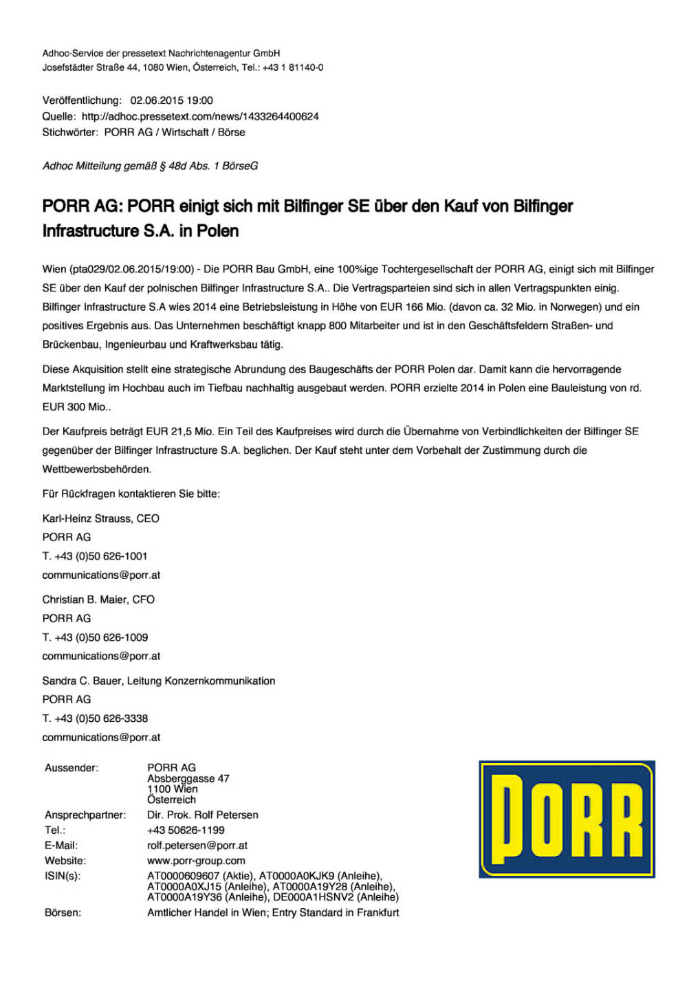 Porr einigt sich mit Bilfinger SE über den Kauf von Bilfinger Infrastructure S.A. in Polen, Seite 1/2, komplettes Dokument unter http://boerse-social.com/static/uploads/file_73_porr_bilfinger.pdf