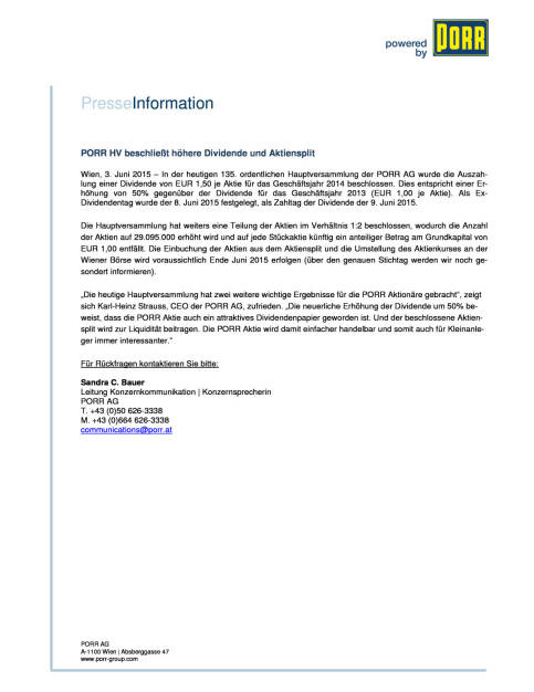 Porr Dividendeninfo und Aktiensplit, Seite 1/1, komplettes Dokument unter http://boerse-social.com/static/uploads/file_77_porr_aktiensplit.pdf (03.06.2015) 