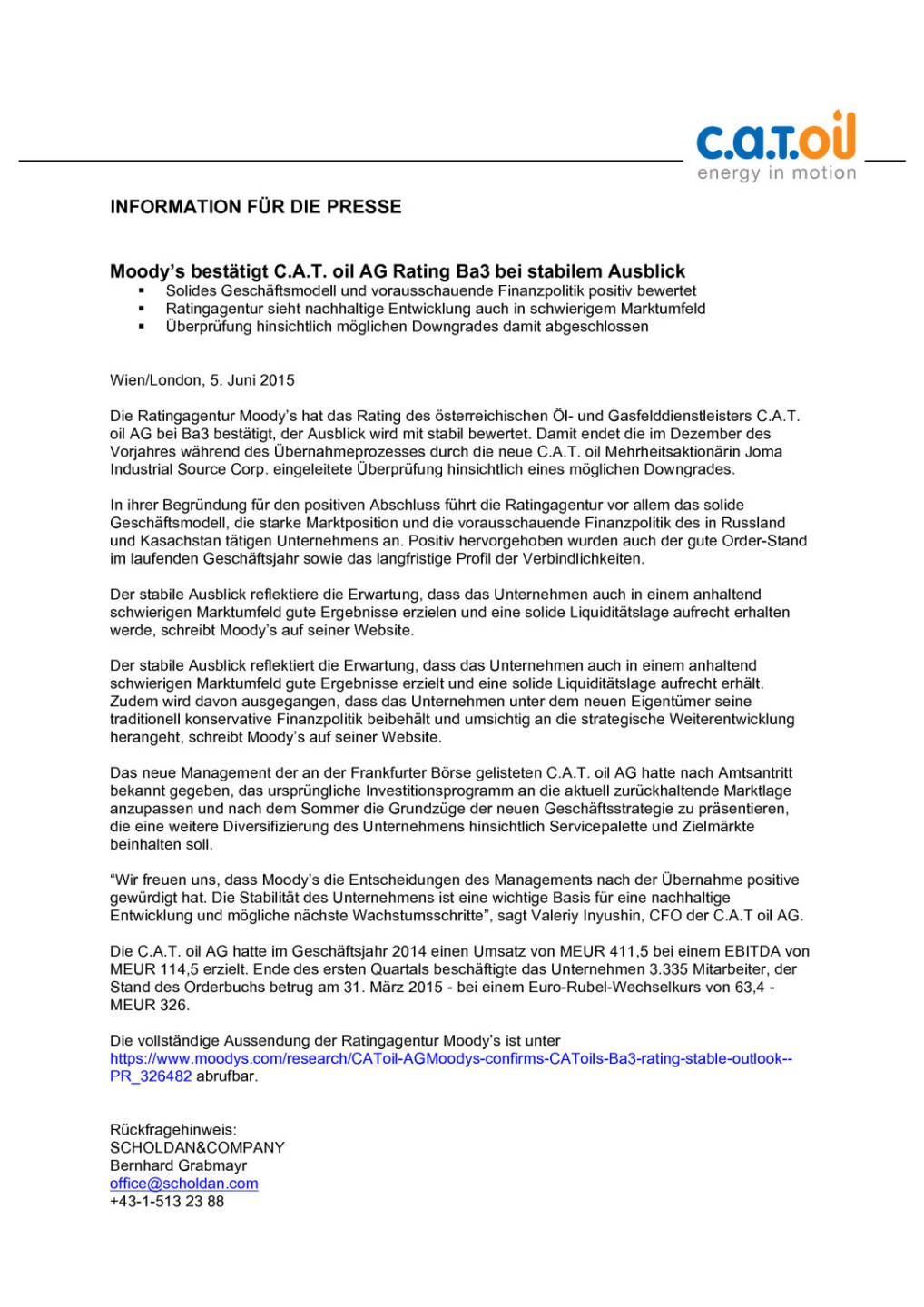 Moody&rsquo;s best&auml;tigt C.A.T. oil AG Rating Ba3 bei stabilem Ausblick, Seite 1/1, komplettes Dokument unter http://boerse-social.com/static/uploads/file_83_cat_oil_rating.pdf