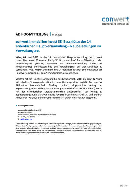 conwert HV-Beschlüsse, Seite 1/1, komplettes Dokument unter http://boerse-social.com/static/uploads/file_86_conwert_hv-beschlusse.pdf (05.06.2015) 