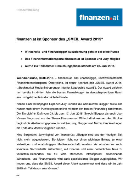 finanzen.at ist Sponsor des Smeil Award 2015, Seite 1/2, komplettes Dokument unter http://boerse-social.com/static/uploads/file_94_smeil_award_finanzenat.pdf (08.06.2015) 