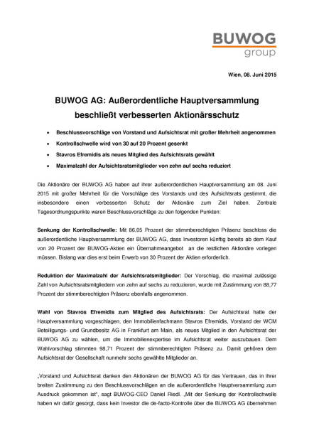 Buwog: Stavros Efremidis als neues Mitglied des Aufsichtsrats gewählt, Seite 1/2, komplettes Dokument unter http://boerse-social.com/static/uploads/file_96_buwog_efremidis.pdf (08.06.2015) 