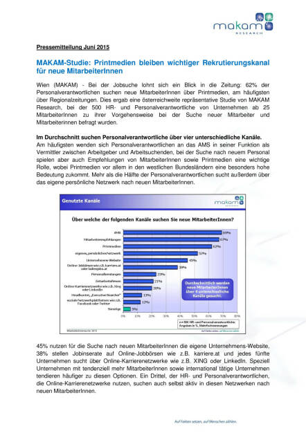 Printmedien bleiben wichtiger Rekrutierungskanal für neue MitarbeiterInnen, Seite 1/2, komplettes Dokument unter http://boerse-social.com/static/uploads/file_98_makam_jobstudie.pdf (09.06.2015) 