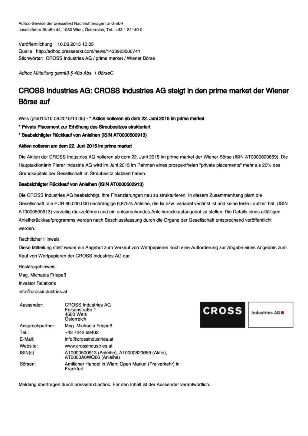  Cross Industries AG steigt in den prime market der Wiener Börse auf, Seite 1/1, komplettes Dokument unter http://boerse-social.com/static/uploads/file_110_cross_prime.pdf