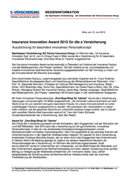 Insurance Innovation Award 2015 für die s Versicherung , Seite 1/2, komplettes Dokument unter http://boerse-social.com/static/uploads/file_113_s_versicherung_award.pdf (10.06.2015) 