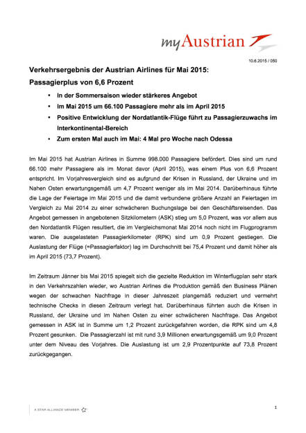 AUA mit Passagierplus von 6,6 Prozent im Mai, Seite 1/3, komplettes Dokument unter http://boerse-social.com/static/uploads/file_112_aua_passagiere.pdf (10.06.2015) 