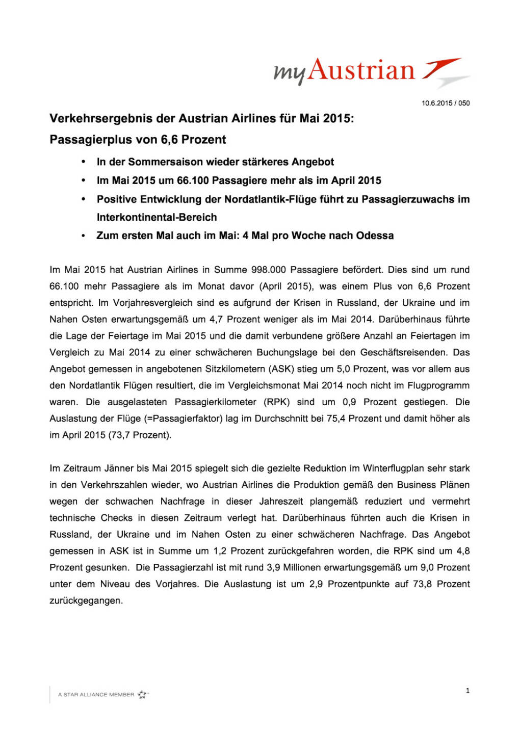 AUA mit Passagierplus von 6,6 Prozent im Mai, Seite 1/3, komplettes Dokument unter http://boerse-social.com/static/uploads/file_112_aua_passagiere.pdf