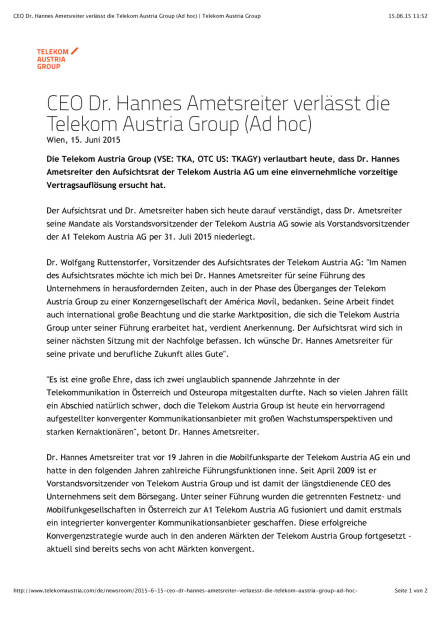 CEO Hannes Ametsreiter verlässt die Telekom Austria Group, Seite 1/2, komplettes Dokument unter http://boerse-social.com/static/uploads/file_123_telekom_ametsreiter.pdf (15.06.2015) 