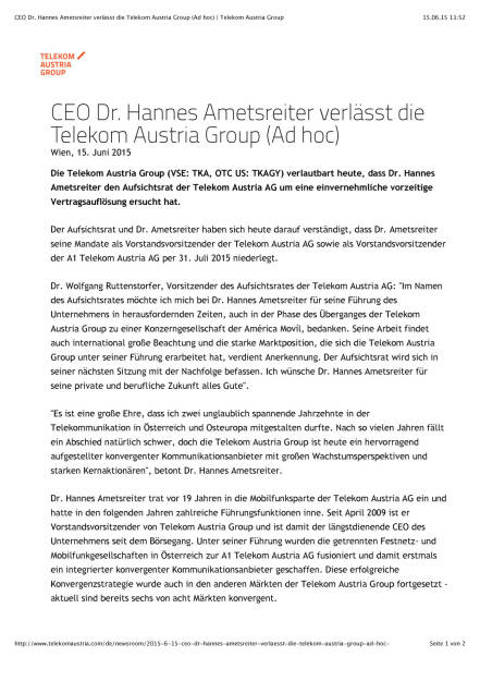 CEO Hannes Ametsreiter verlässt die Telekom Austria Group, Seite 1/2, komplettes Dokument unter http://boerse-social.com/static/uploads/file_123_telekom_ametsreiter.pdf (15.06.2015) 