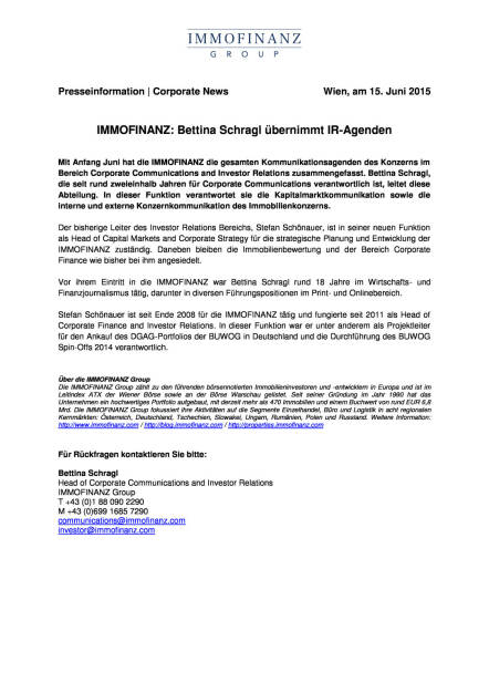 Immofinanz: Bettina Schragl übernimmt IR-Agenden, Seite 1/1, komplettes Dokument unter http://boerse-social.com/static/uploads/file_125_immofinanz_bettina_schragl.pdf (15.06.2015) 