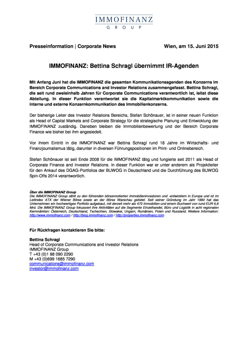 Immofinanz: Bettina Schragl &uuml;bernimmt IR-Agenden, Seite 1/1, komplettes Dokument unter http://boerse-social.com/static/uploads/file_125_immofinanz_bettina_schragl.pdf