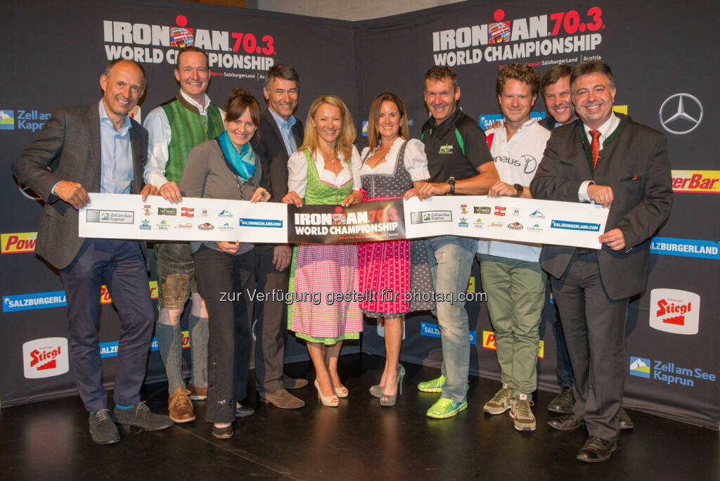 Leo Bauernberger (SalzburgerLand-Geschäftsführer), Georg Segl (Obmann des Tourismusverbandes Zell am See), Martina Berthold (Sportlandesrätin), Thomas Dieckhoff (CEO Ironman Europe, Middle East & Africa), Renate Ecker (Geschäftsführerin Zell am See-Kaprun Tourismus), Diana Bertsch (Vice President World Championship Events), Werner Dannhauser (OK-Team), Paul Schif (Geschäftsführer der Laureus Sport for Good Stiftung Deutschland & Österreich), Kurt Reiter (Bezirkshauptmannschaft Zell am See) und Peter Padourek (Bürgermeister von Zell am See).: Zell am See-Kaprun: Startschuss für Ironman 70.3 Weltmeisterschaft in Zell am See-Kaprun, (C) zellamsee-kaprun, © Aussendung (17.06.2015) 