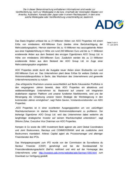 Preisspanne für Aktien von ADO Properties auf 20 Euro bis 25 Euro festgesetzt, Seite 2/4, komplettes Dokument unter http://boerse-social.com/static/uploads/file_136_ado_properties.pdf (17.06.2015) 