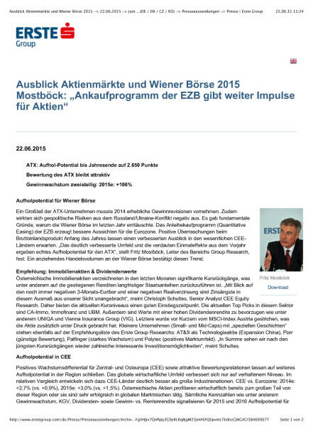 Erste Group Ausblick Aktienmärkte und Wiener Börse 2015, Seite 1/2, komplettes Dokument unter http://boerse-social.com/static/uploads/file_150_erste_mostbock.pdf (22.06.2015) 