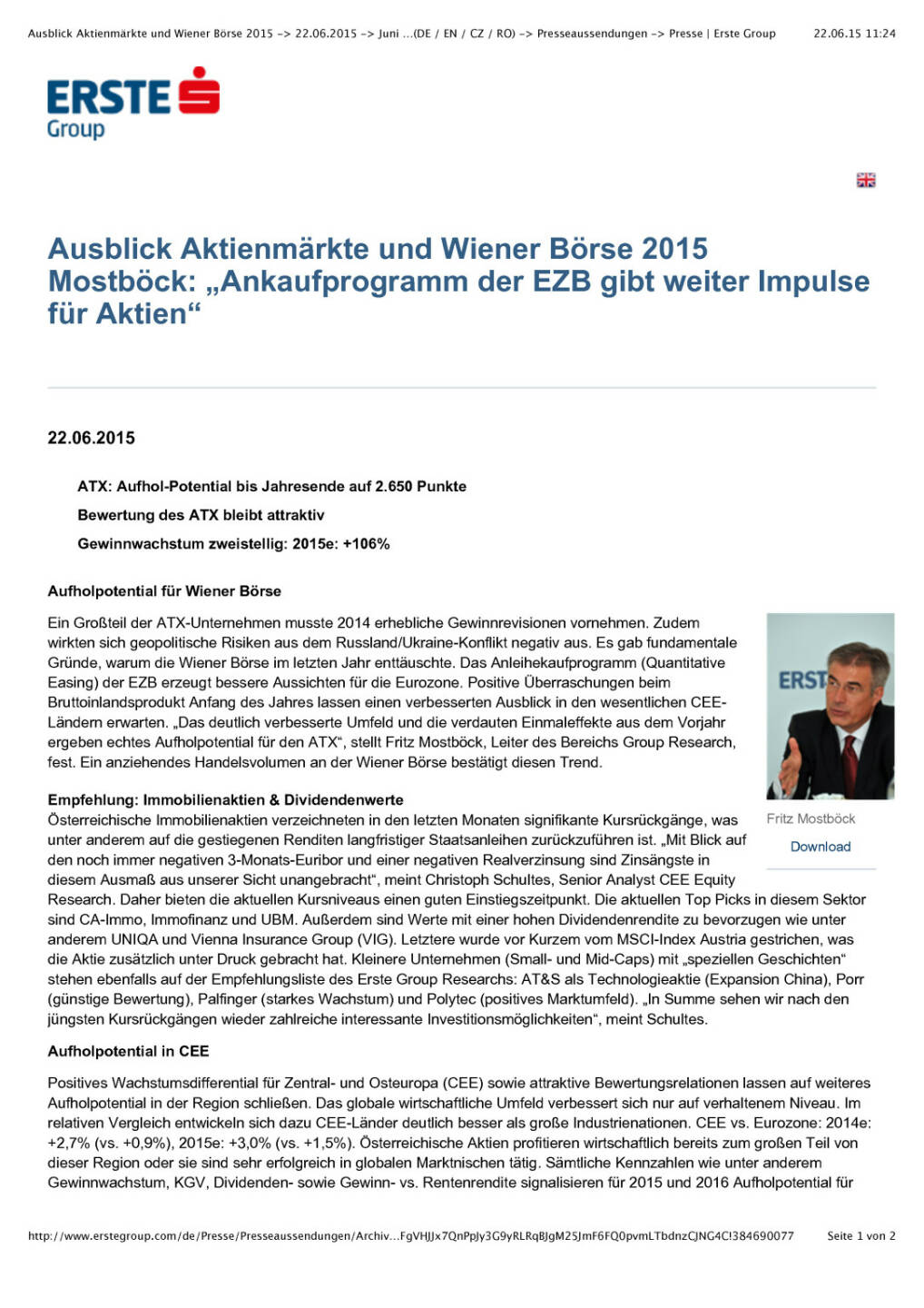 Erste Group Ausblick Aktienmärkte und Wiener Börse 2015, Seite 1/2, komplettes Dokument unter http://boerse-social.com/static/uploads/file_150_erste_mostbock.pdf