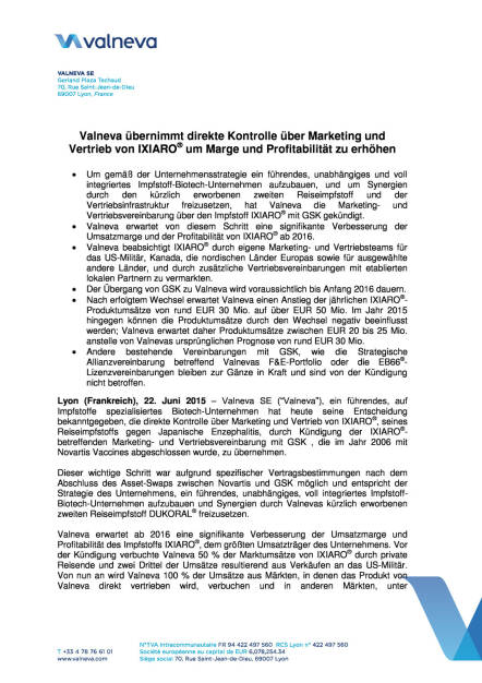 Valneva nimmt Ixiaro-Vermarktung selbst, Seite 1/4, komplettes Dokument unter http://boerse-social.com/static/uploads/file_154_valneva_ixiaro.pdf (22.06.2015) 