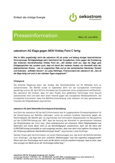 oekostrom Klage gegen AKW Hinkley fertig, Seite 1/2, komplettes Dokument unter http://boerse-social.com/static/uploads/file_155_oekostrom_klage.pdf (23.06.2015) 