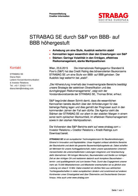 Strabag SE durch S&P von BBB- auf BBB höhergestuft, Seite 1/1, komplettes Dokument unter http://boerse-social.com/static/uploads/file_158_strabag_sp.pdf (23.06.2015) 