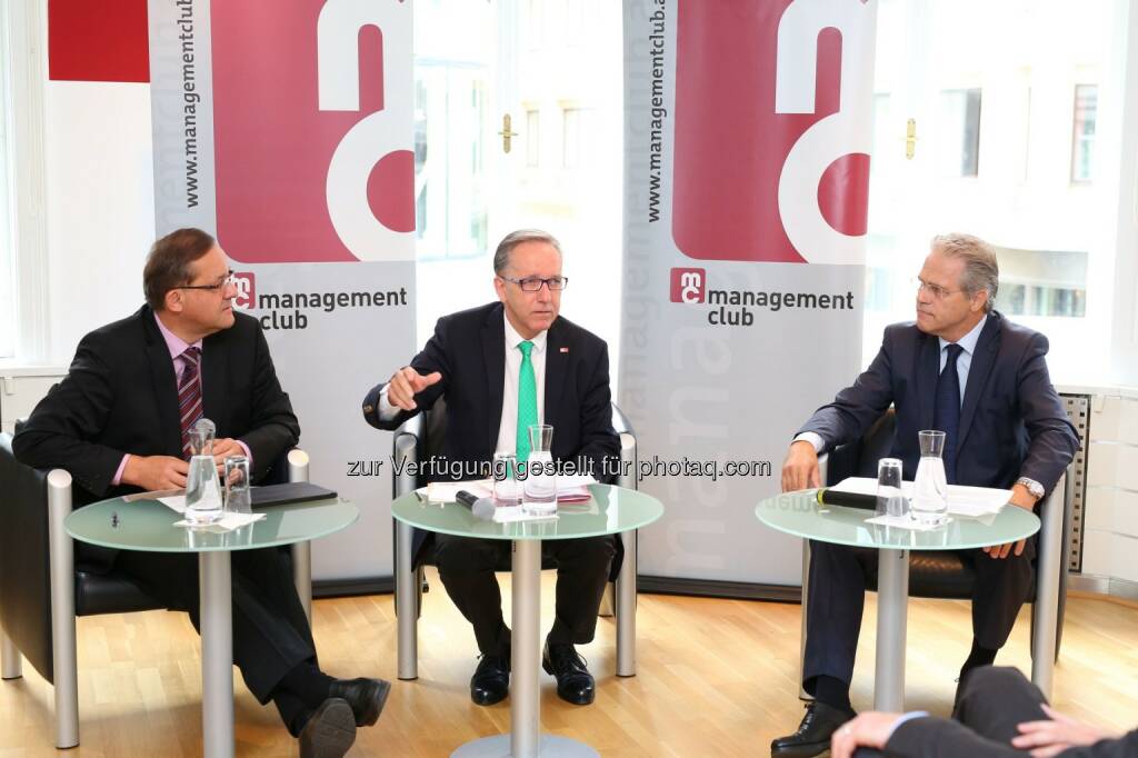 Günther Ofner (Vorstandsdirektor der Flughafen AG Wien, mc-Vizepräsident und Präsident des mc-Niederösterreich), Rudi Kaske (Präsident der Arbeiterkammer Wien und der Bundesarbeiterkammer), Anton Ofner (Gremialobmann des Wiener Medizinproduktehandels, Kurator des Wifi Wien und Inhaber des Unternehmens MBB BioLab GmbH): management club: Rudi Kaske im management club: Es gibt keine einfachen Antworten!, © Aussender (23.06.2015) 