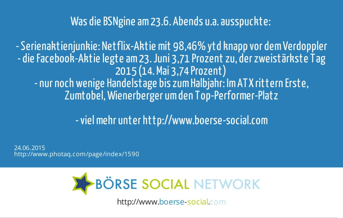 Was die BSNgine am 23.6. Abends u.a. ausspuckte: <br><br>- Serienaktienjunkie: Netflix-Aktie mit 98,46% ytd knapp vor dem Verdoppler<br>- die Facebook-Aktie legte am 23. Juni 3,71 Prozent zu, der zweistärkste Tag 2015 (14. Mai 3,74 Prozent) <br>- nur noch wenige Handelstage bis zum Halbjahr: Im ATX rittern Erste, Zumtobel, Wienerberger um den Top-Performer-Platz<br><br>- viel mehr unter http://www.boerse-social.com  