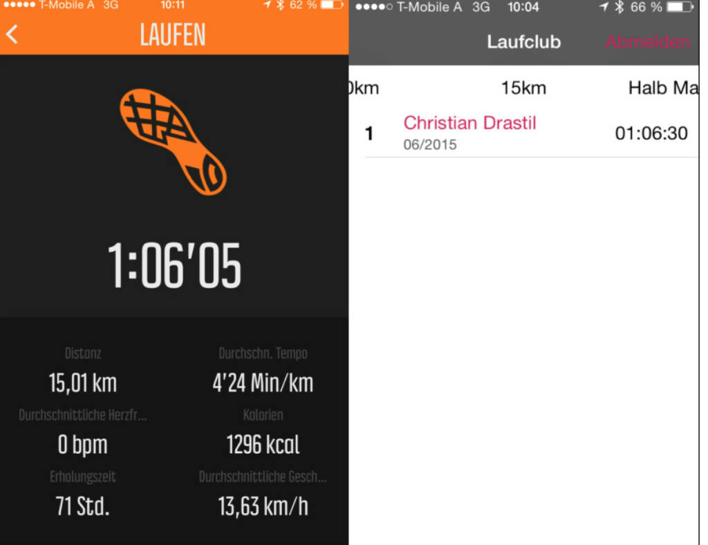 Erster 15er für den Laufclub, verglichen mit der Suunto Uhr (27.06.2015) 