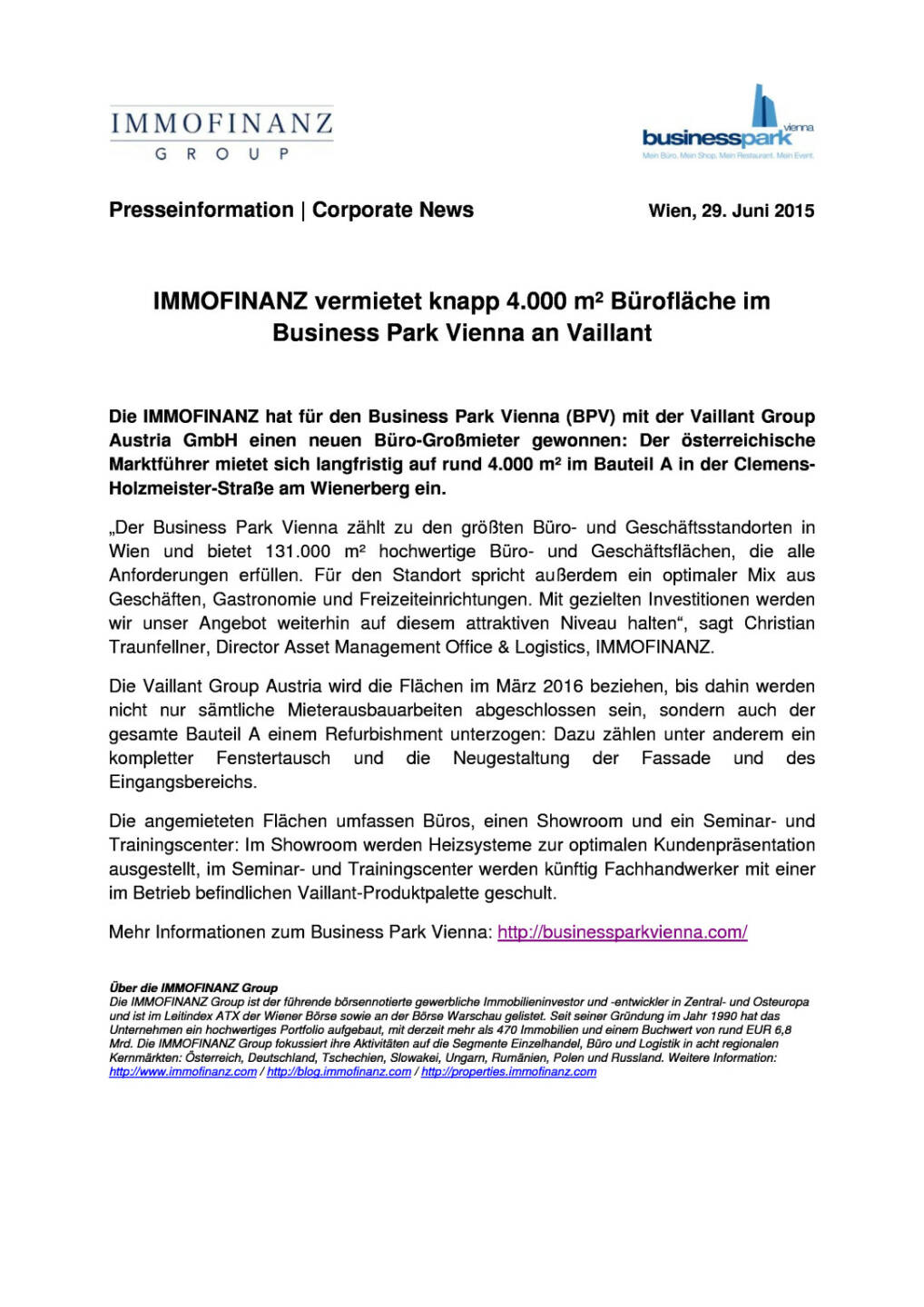 Immofinanz/Vaillant  mit 4000-m2-Deal in Wien, Seite 1/2, komplettes Dokument unter http://boerse-social.com/static/uploads/file_178_immofinanz_vaillant.pdf