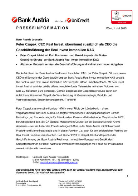 Peter Czapek, CEO Real Invest, übernimmt GF der Real Invest Immobilien KAG, Seite 1/1, komplettes Dokument unter http://boerse-social.com/static/uploads/file_189_peter_czapek_real_invest_immobilien_kag.pdf (01.07.2015) 