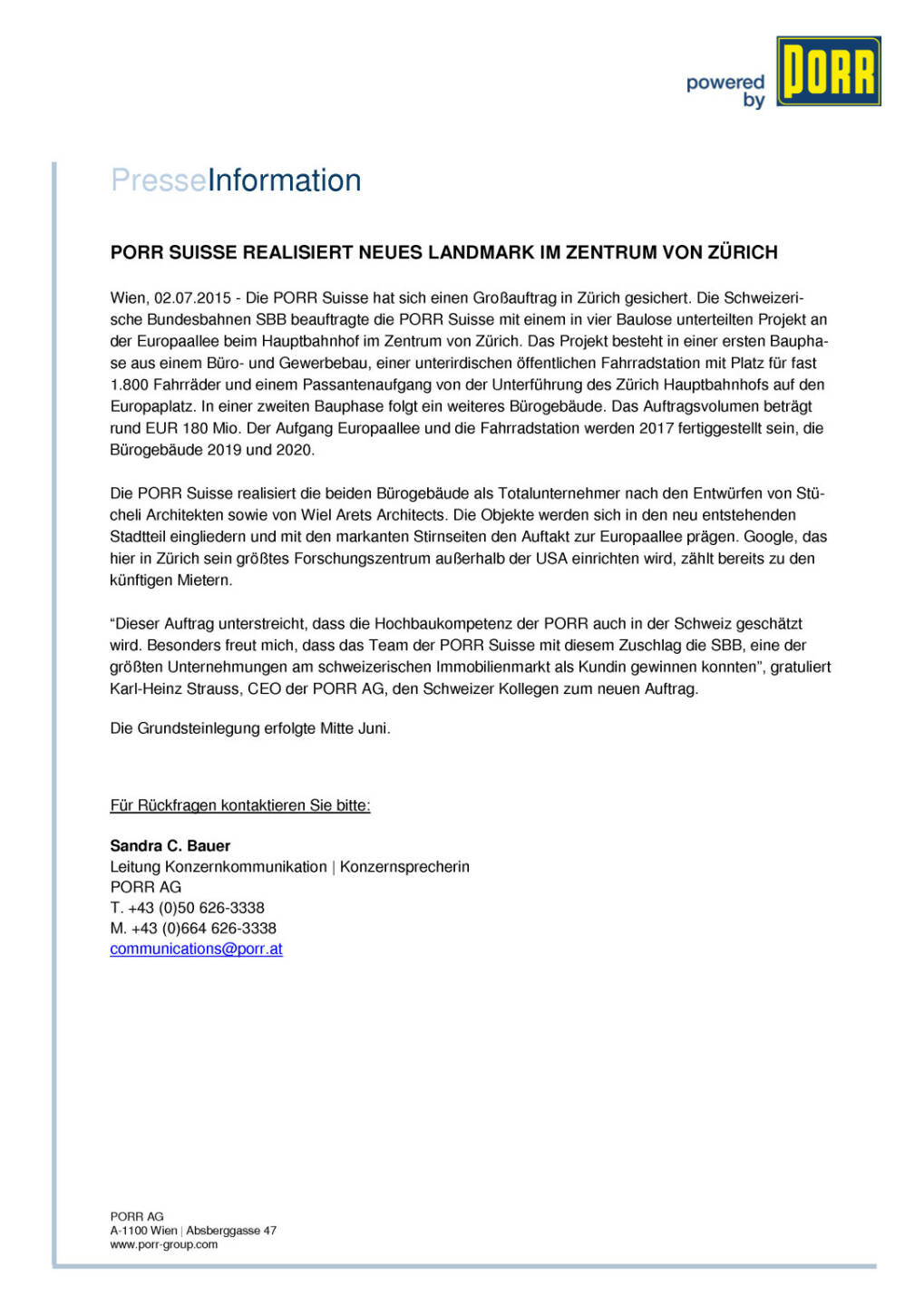 Porr mit Gro&szlig;auftrag in Z&uuml;rich, Seite 1/2, komplettes Dokument unter http://boerse-social.com/static/uploads/file_193_porr_mit_grossauftrag_in_zurich.pdf