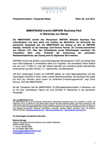 Immofinanz erwirbt Empark in Warschau , Seite 1/1, komplettes Dokument unter http://boerse-social.com/static/uploads/file_198_immofinanz_warschau.pdf (02.07.2015) 