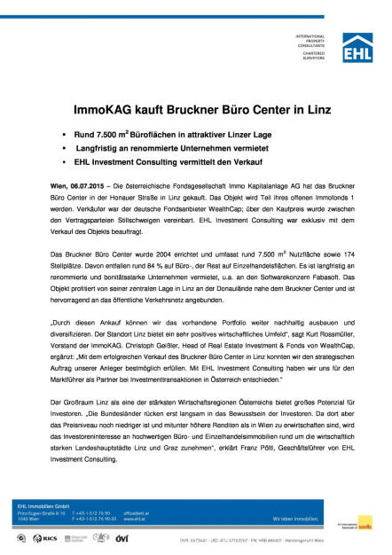 EHL Investment Consulting zum Verkauf des Bruckner Büro Centers in Linz an die ImmoKAG, Seite 1/2, komplettes Dokument unter http://boerse-social.com/static/uploads/file_205_ehl_immo_kag.pdf (06.07.2015) 