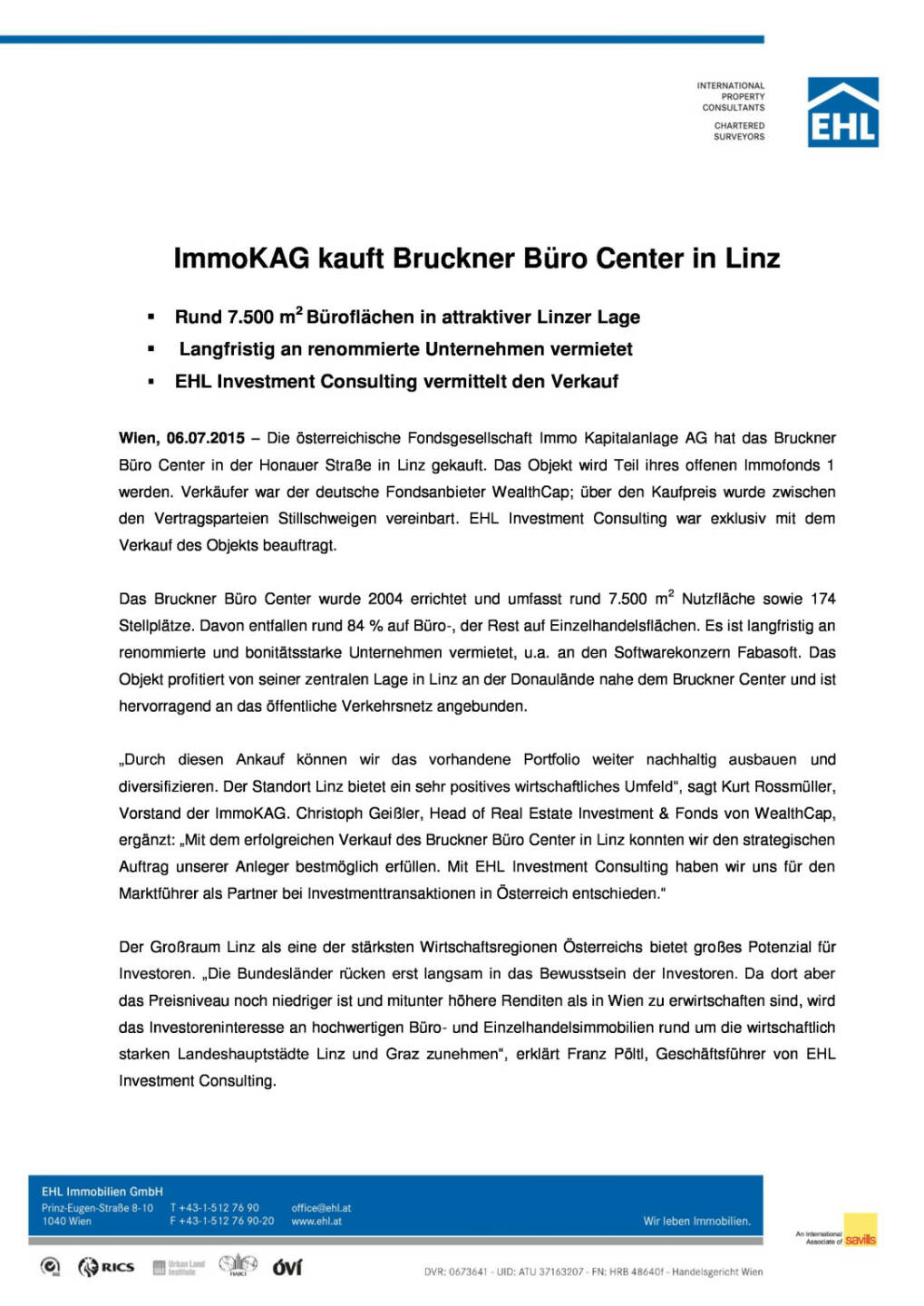 EHL Investment Consulting zum Verkauf des Bruckner B&uuml;ro Centers in Linz an die ImmoKAG, Seite 1/2, komplettes Dokument unter http://boerse-social.com/static/uploads/file_205_ehl_immo_kag.pdf