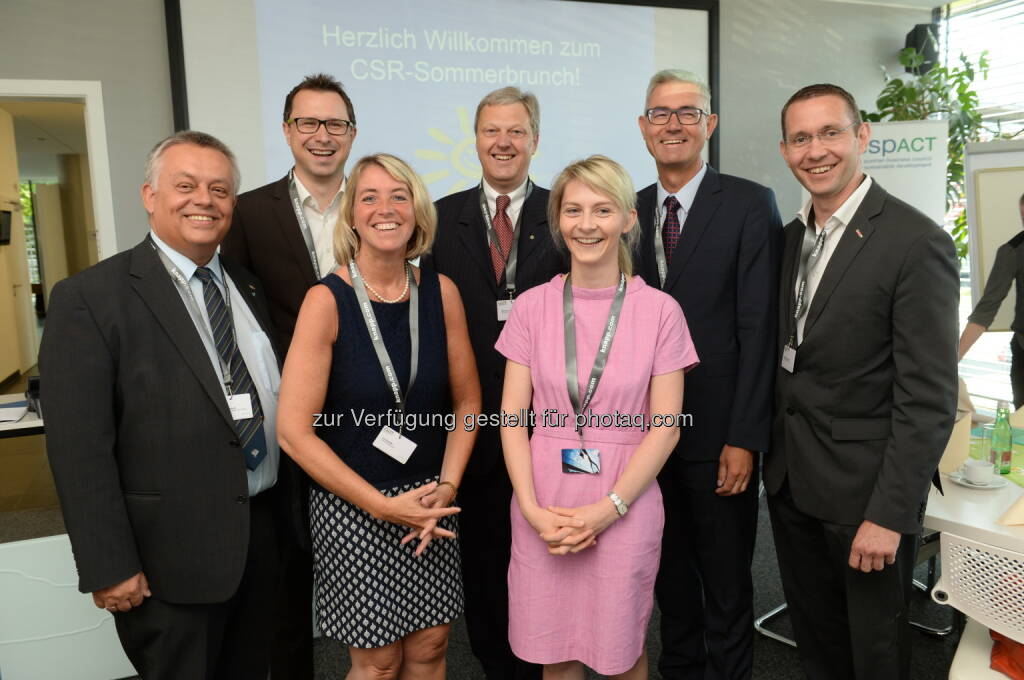 Wilhelm Himmel, Christian Grabner, Iris Strasser, Nikolaus Juhász, Lisa Weber, Peter Giffinger, Stefan Helmreich : 
respact: CSR-Sommerbrunch vernetzt steirische Trigos Gewinner : © Foto Fischer, © Aussender (15.07.2015) 