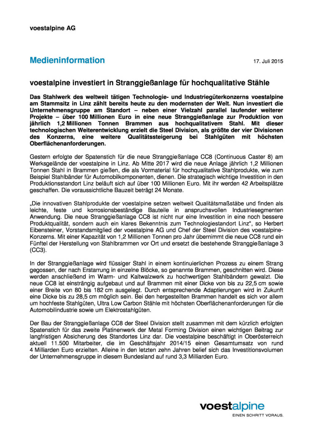 voestalpine investiert in Stranggie&szlig;anlage f&uuml;r Hochquali-Stahl, Seite 1/2, komplettes Dokument unter http://boerse-social.com/static/uploads/file_235_voestalpine_investiert_in_stranggiessanlage_fur_hochquali-stahl.pdf