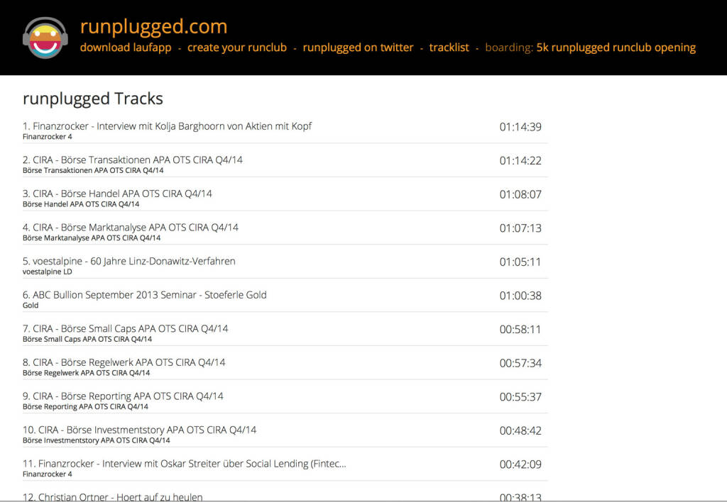 Runplugged Tracklist mit Finanzwissen http://runplugged.com/tracks/playlist_web, © Diverse  (20.07.2015) 