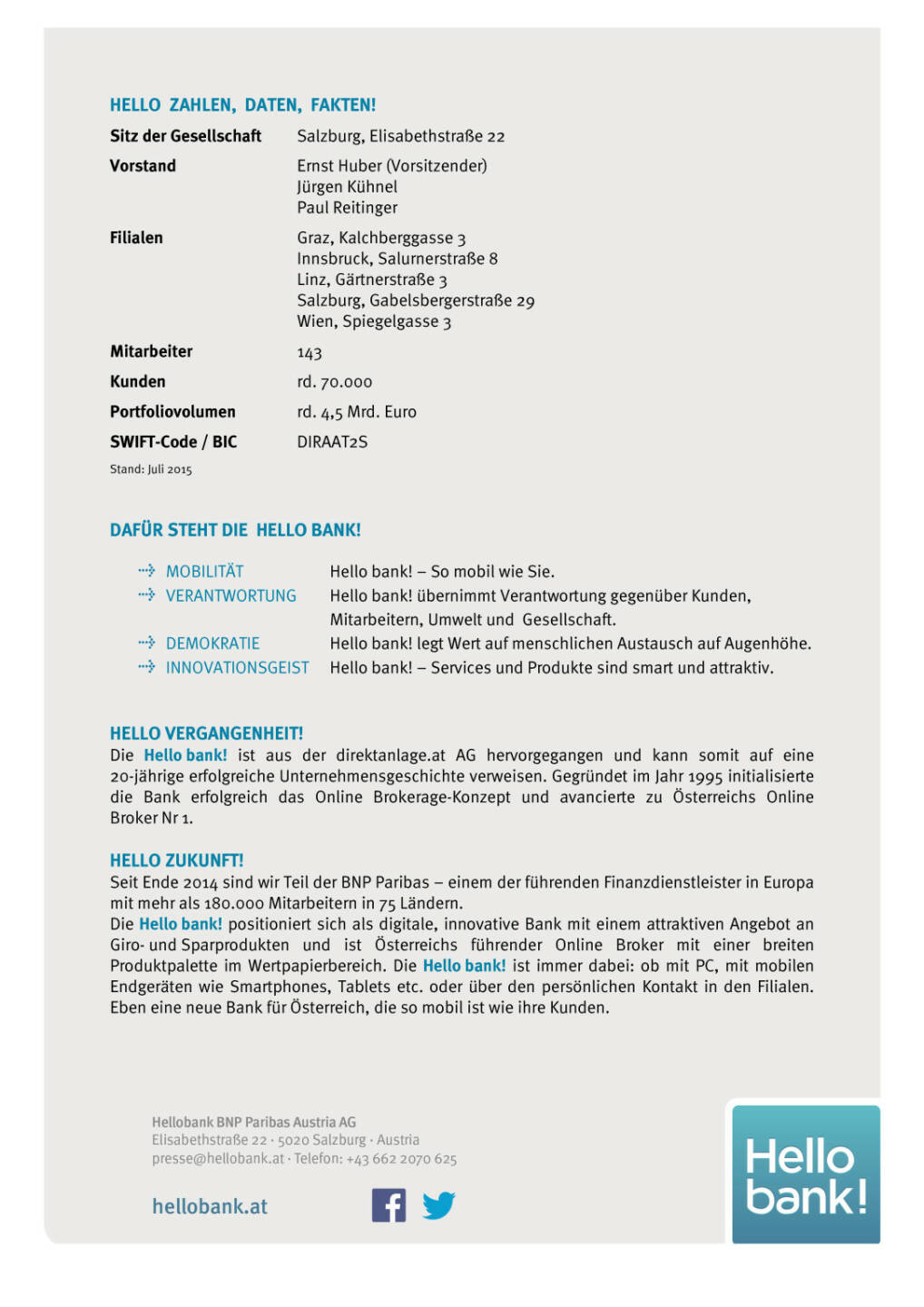 Hello Bank sagt mit Factsheet hallo, Seite 1/1, komplettes Dokument unter http://boerse-social.com/static/uploads/file_236_hello_bank.pdf