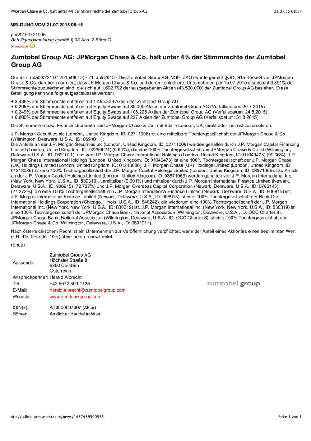 JPMorgan  h&auml;lt unter 4% der Zumtobel-Stimmrechte, Seite 1/1, komplettes Dokument unter http://boerse-social.com/static/uploads/file_238_jpmorgan_halt_unter_4_der_zumtobel-stimmrechte.pdf