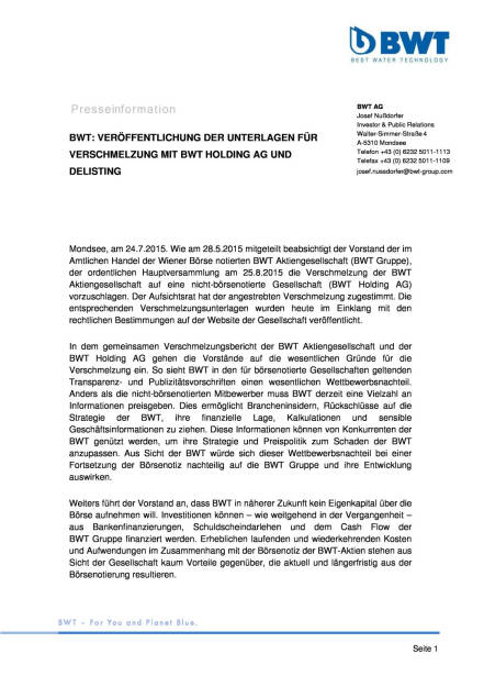 BWT informiert über Delisting, Seite 1/2, komplettes Dokument unter http://boerse-social.com/static/uploads/file_247_bwt_informiert_uber_delisting.pdf (24.07.2015) 